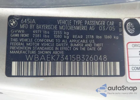 2005 BMW 645Ci z USA, uszkodzony, nr VIN WBAEK73415B326048